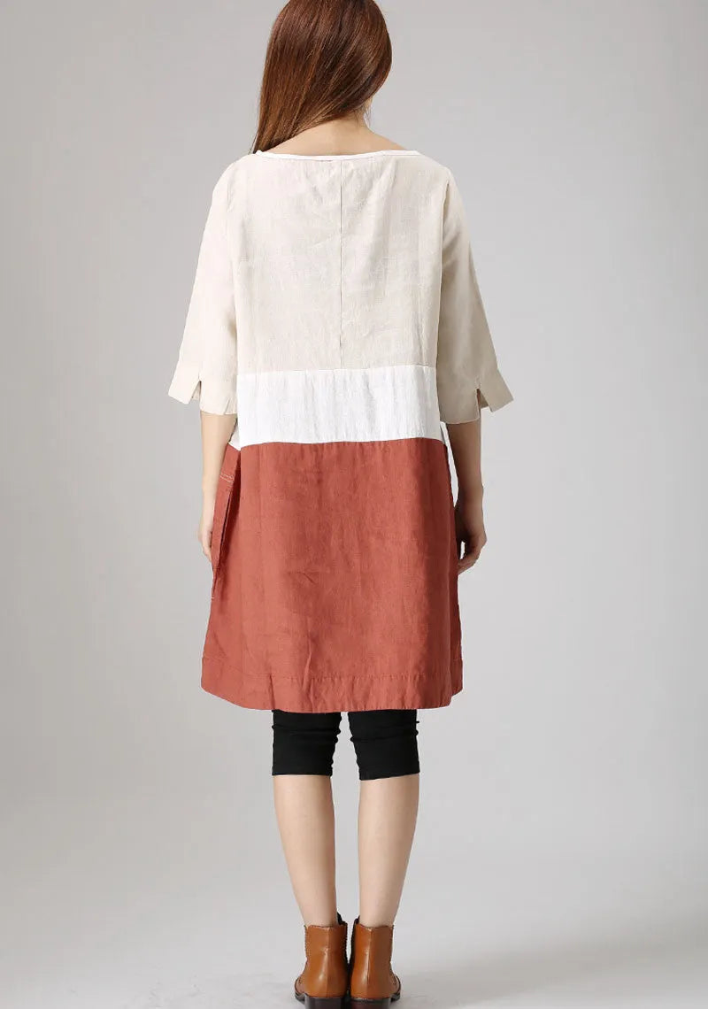 Beige and Rust Linen Tunic Dress - Block Color, Loose Fit 833
