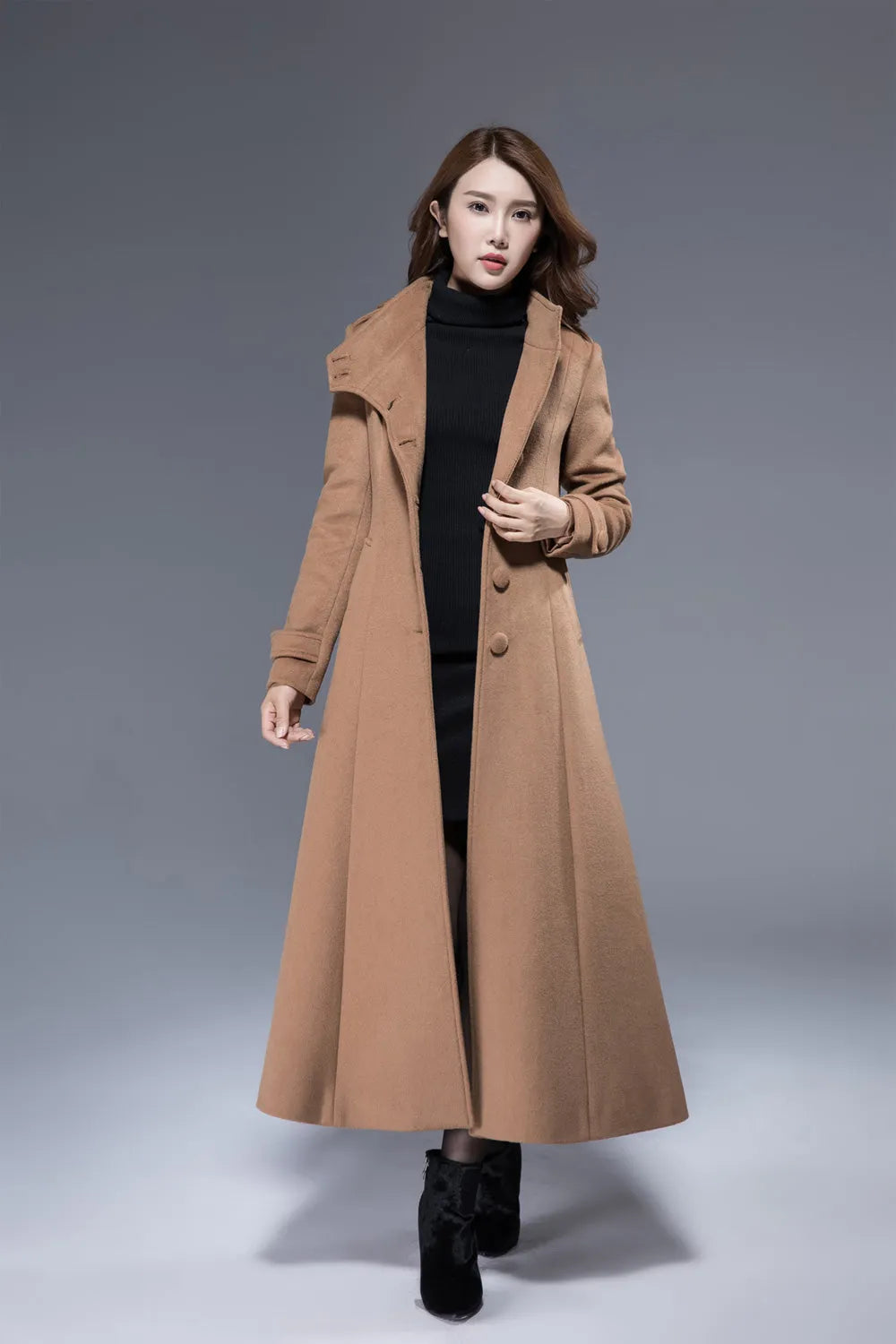Xiaolizi Camel Long Wool Coat for Women – Handmade High-Neck Fit-and-Flare Winter Coat 1826