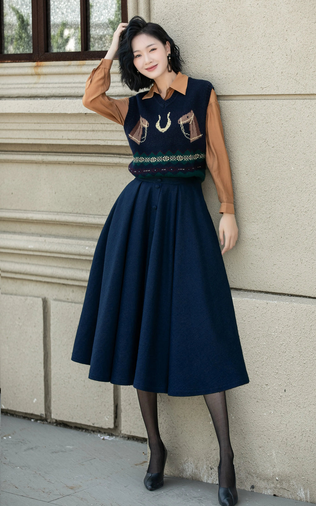 Navy Wool Midi Skirt - High Waist Flare Swing Silhouette 6338