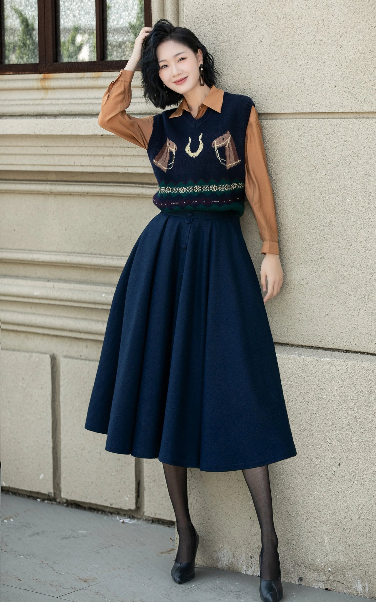 Navy Wool Midi Skirt - High Waist Flare Swing Silhouette 6338
