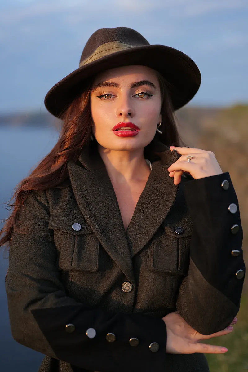 Handmade Army Green Wool Jacket – Vintage Military Short Coat with Belt 