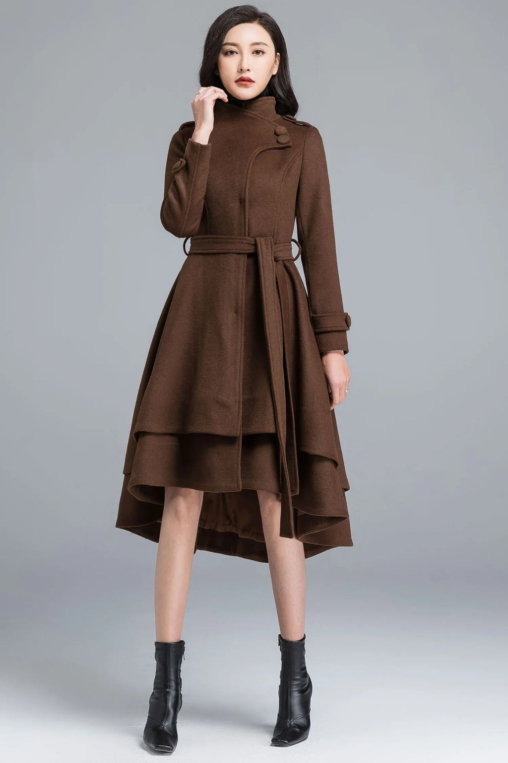 Brown Wool Coat - Asymmetrical Tiered Hem with Self Tie Belt c2491