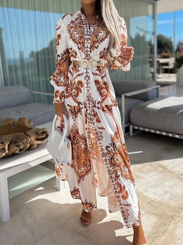 Vintage Print Long Sleeve Slit Dress