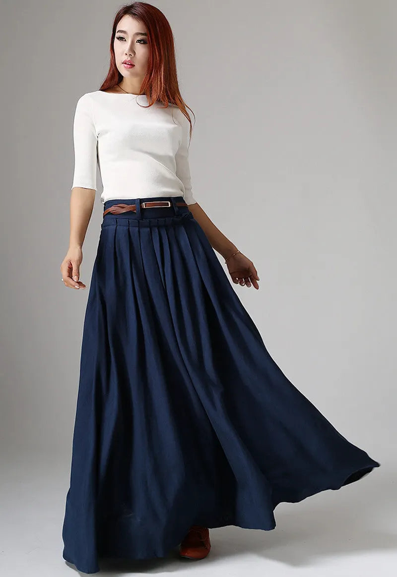 Handmade Navy Blue Linen Maxi Skirt – High Waist with Pockets 1046