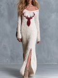 Vintage & Cozy V-Neck Deer Motif Ivory Long Shaggy-Knit Maxi Dress