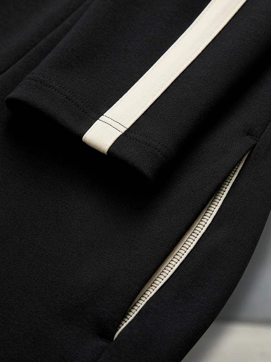 Black Contrast Stripe Tracksuit Set Half Zip Collar Top & Drawstring Waist Wide Leg Pants