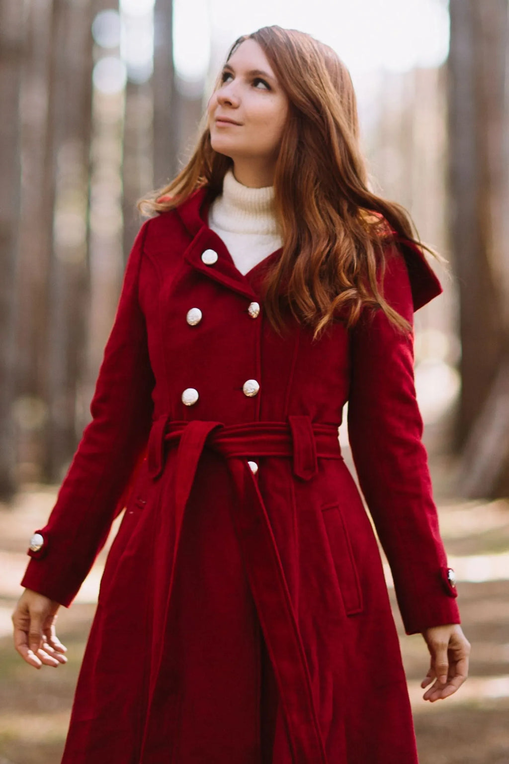 Burgundy Wool Coat Maxi - Hooded, Double Breasted, Self Tie Waist 3218
