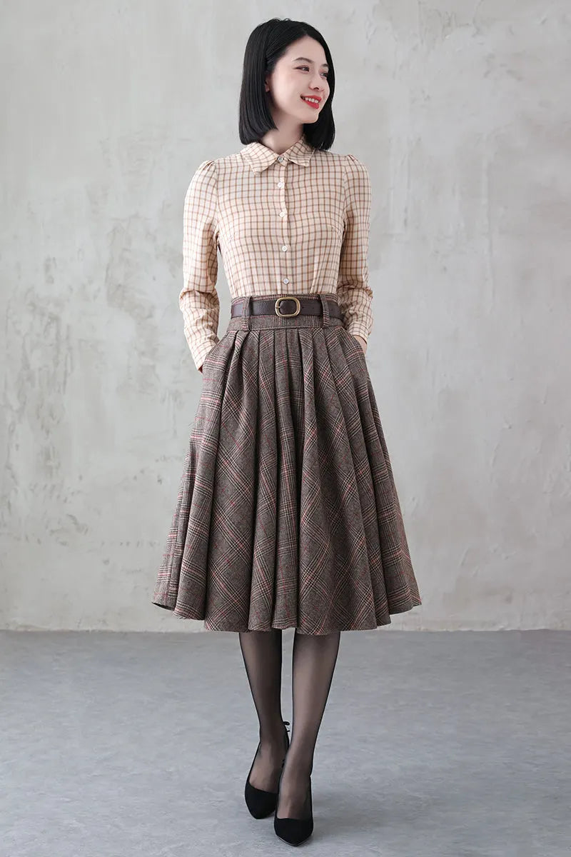 Handmade Brown Plaid Wool Midi Skirt – Vintage Pleated Circle Skirt 