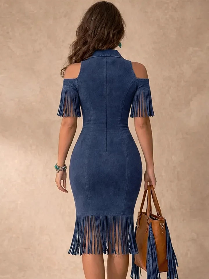 Denim Fringe Cold Shoulder Dress With Longhorn Embroidery Zip Front Bodycon Midi Dress
