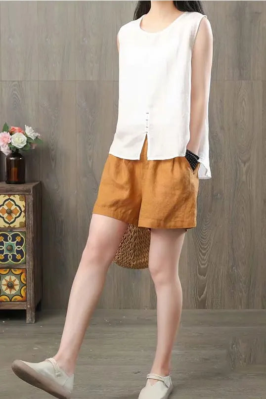 White Linen Sleeveless Tunic Top - Breathable Loose Fit J124