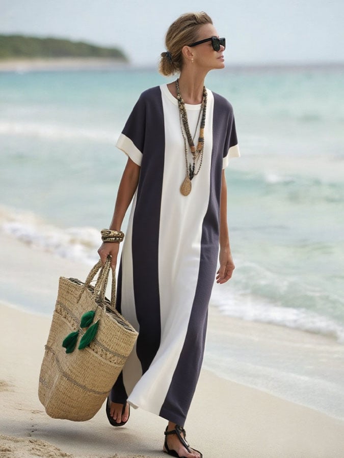 Women's Holiday Contrast Print Round Neck Loose Dress