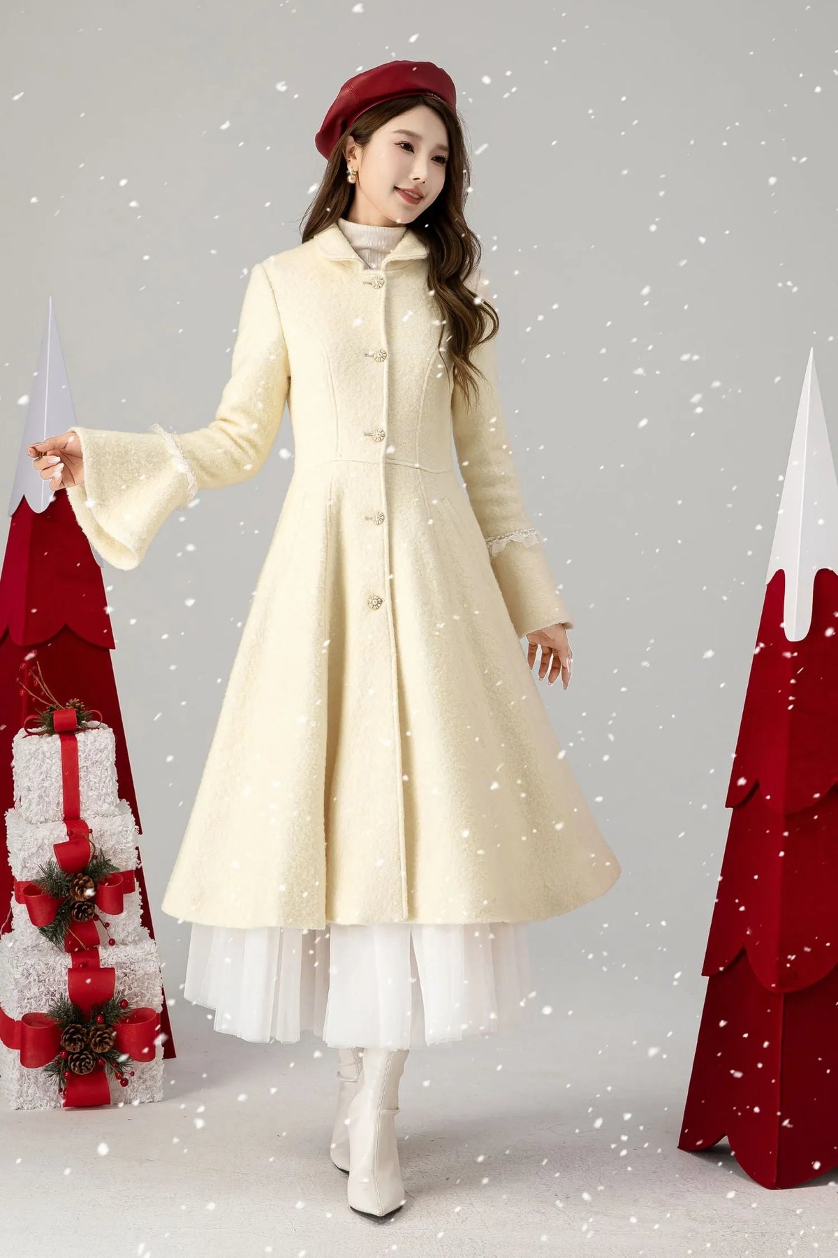Beige Wool Swing Coat - Flared Sleeves, Knee-Length 4617
