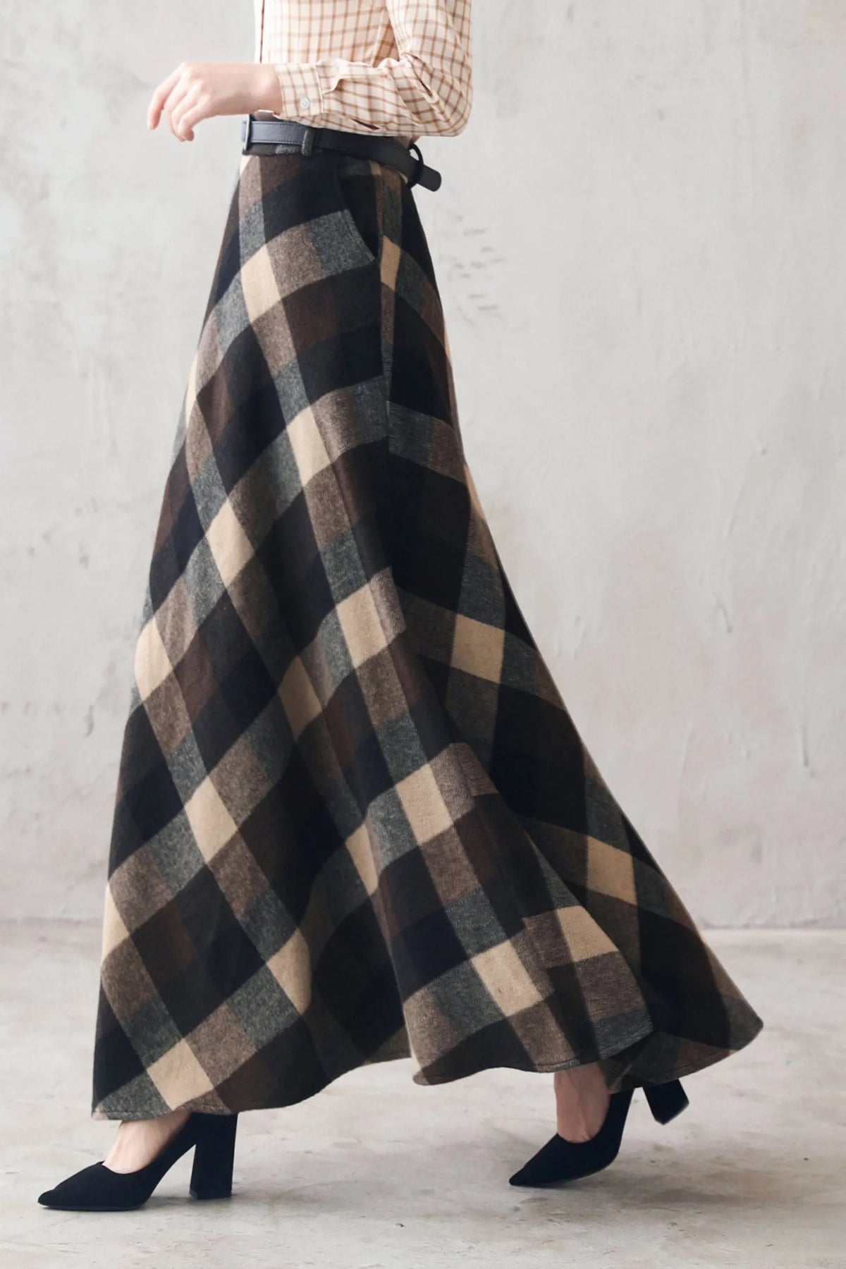 Plaid Wool Maxi Skirt – High Waist Vintage Winter Skirt Handmade 3108