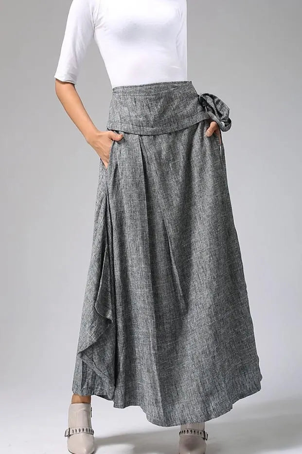 Gray Linen Cotton Maxi Skirt – Handmade Wrap Skirt with Belt  0689