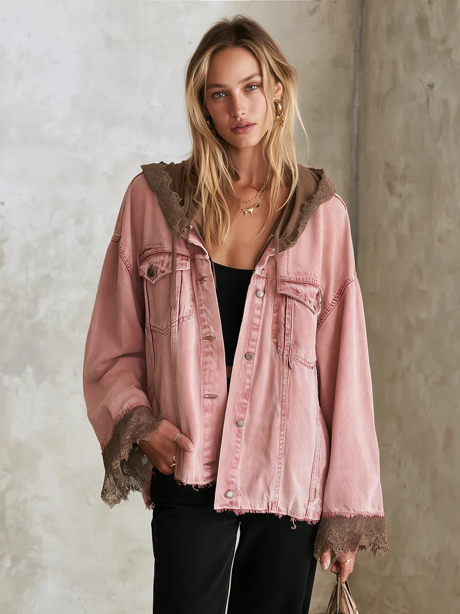 Oversized Washed Pink Hooded and Frayed Lace Trim Denim Jacket