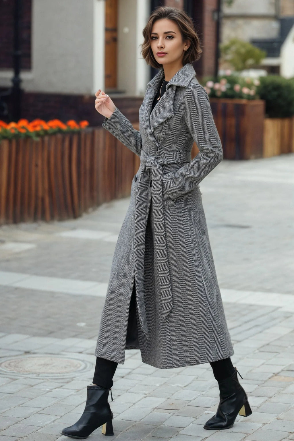 Gray Wool Long Trench Coat - Double Breasted Tie Waist 6288
