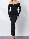 Women Ruched Slash Neck Off-shoulder Sleeve Solid Slim Fit Bodycon Cocktail Party Vestidos
