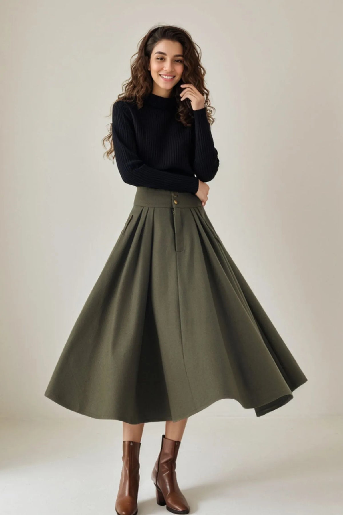 Vintage Wool Blend Pleated Midi Skirt – Handmade High Waist Winter Skirt 