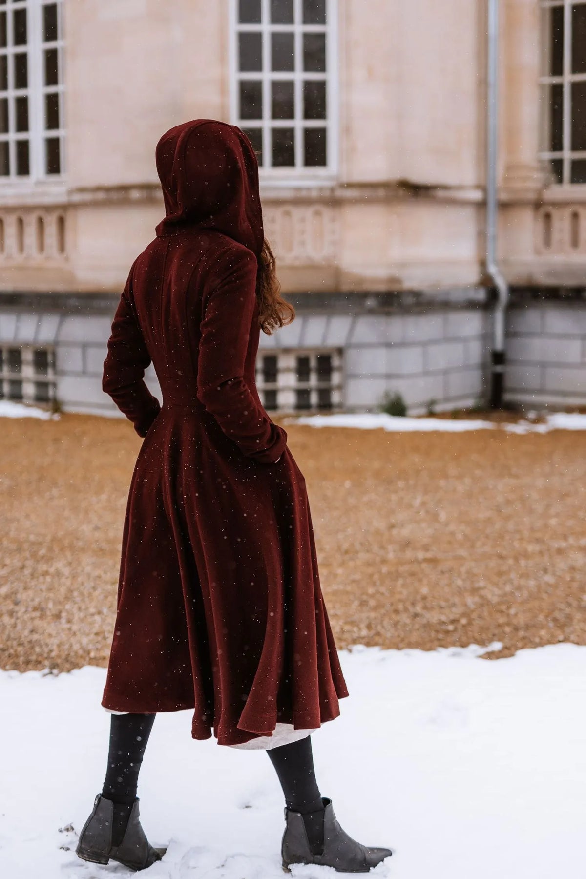 Burgundy Hooded Wool Coat – Romantic Fit & Flare Winter Midi 