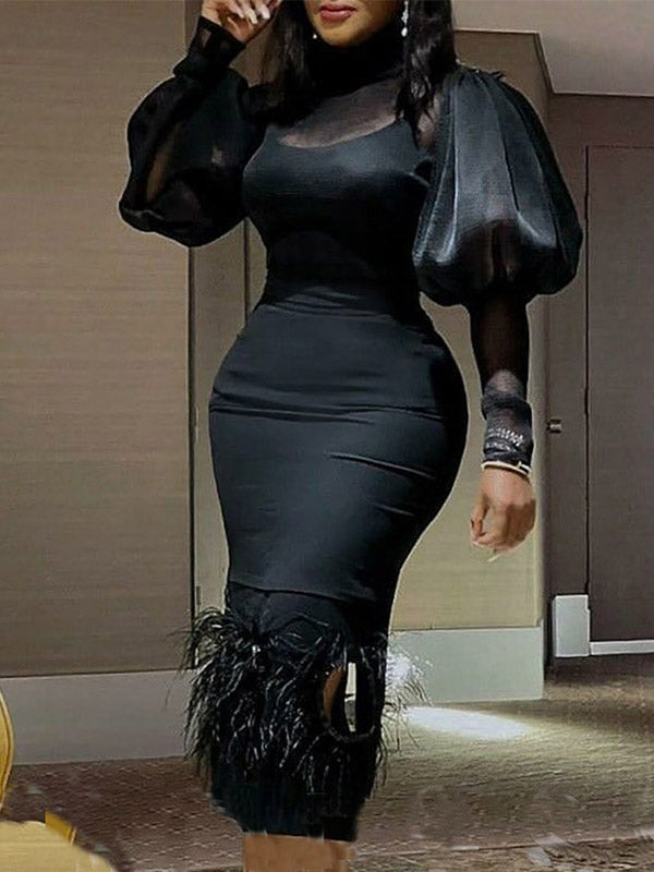Elegant Puff Sleeve Solid Color Empire Feathers Slim Casual Midi Dress