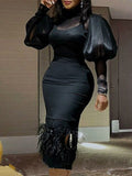 Elegant Puff Sleeve Solid Color Empire Feathers Slim Casual Midi Dress