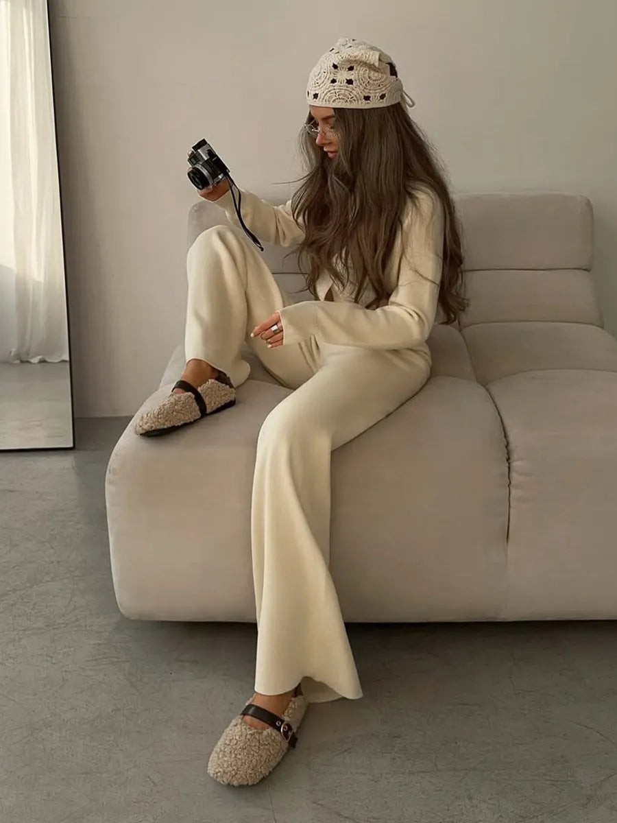 Solid Cardigan Wide Leg Pants Knit Set