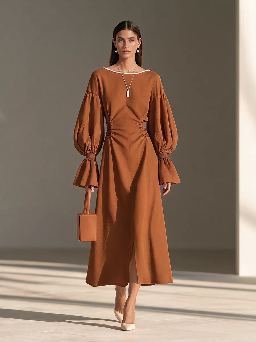 Women's Boat-Neck Ruched-Waist Balloon-Sleeve Maxi Dress MDZ3114H3CMX