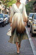 Elegant Abstract Print Lantern Sleeve V-Neck Midi Chiffon Dress