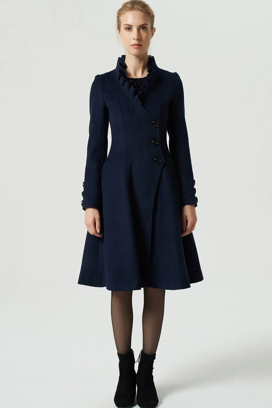 Navy Wool Coat - Handmade Tailored Fit with Ruffle Collar 1974