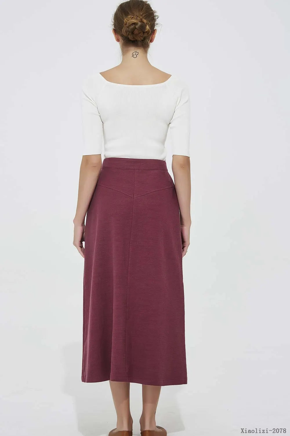 Wine Red Linen Midi Skirt - Button Front Fitted Waist 