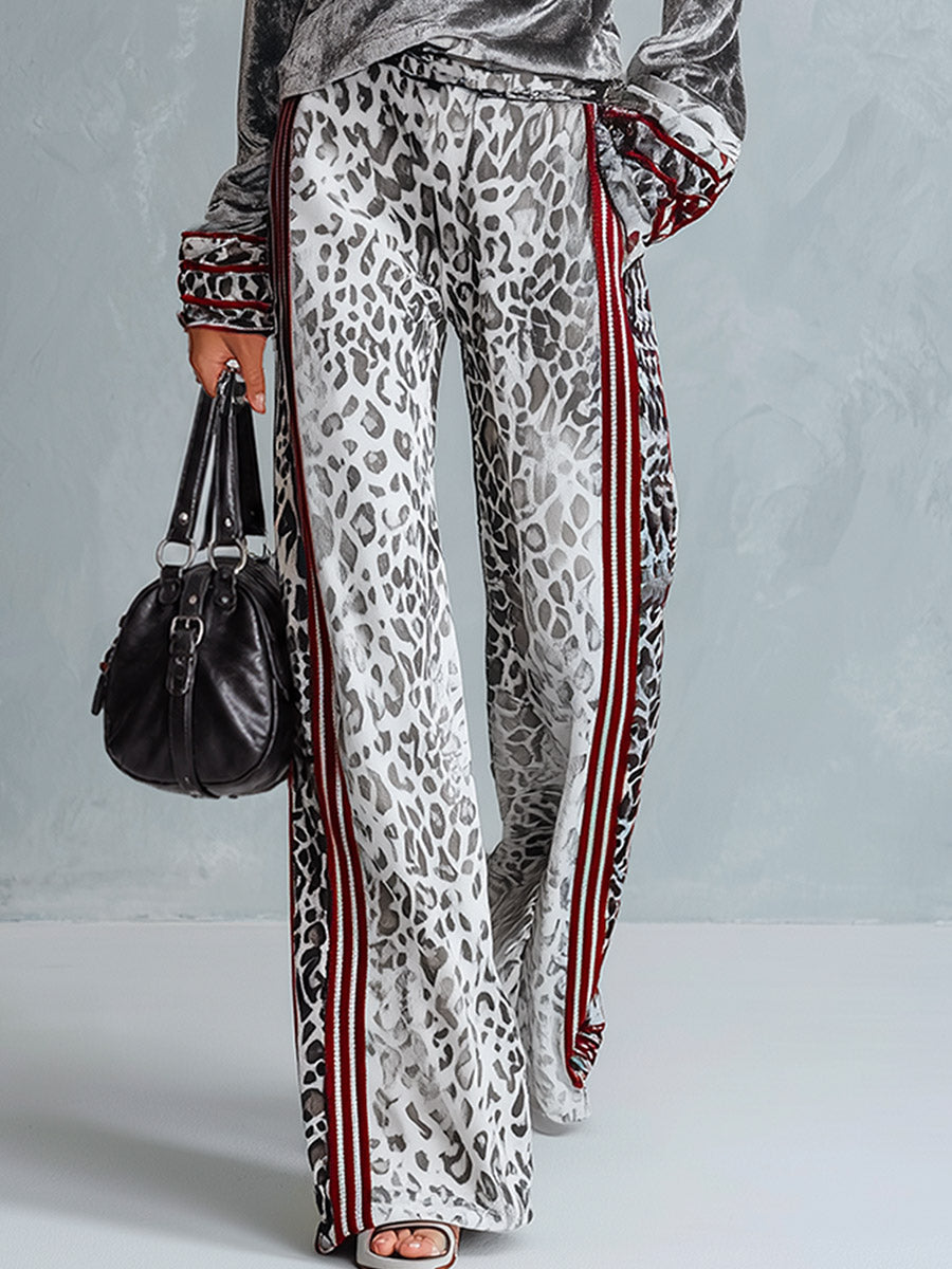 Chic Casual Striped Trim Grey Leopard-print Wide-leg Pants