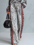 Chic Casual Striped Trim Grey Leopard-print Wide-leg Pants