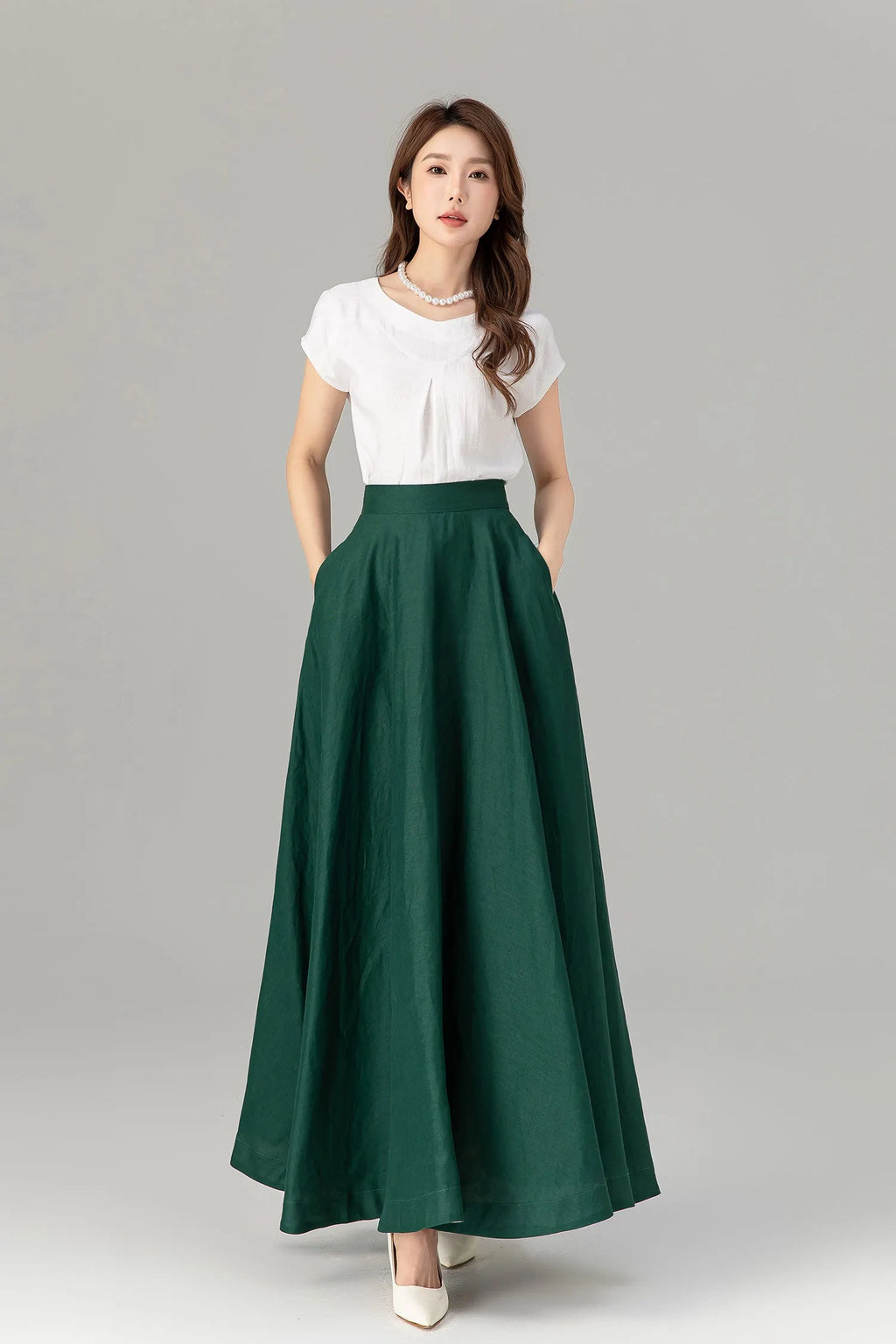 Green Linen Maxi Skirt - A-Line Flowy Silhouette with Pockets 4929