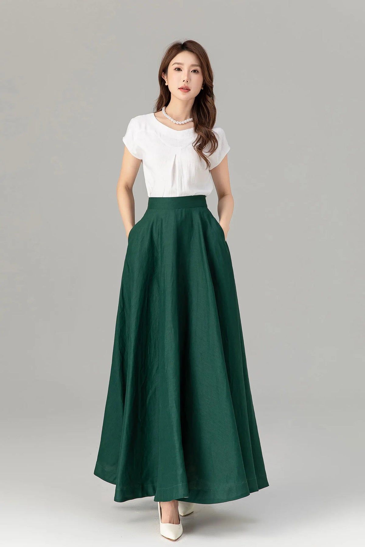 Green Linen Maxi Skirt - A-Line Flowy Silhouette with Pockets 4929
