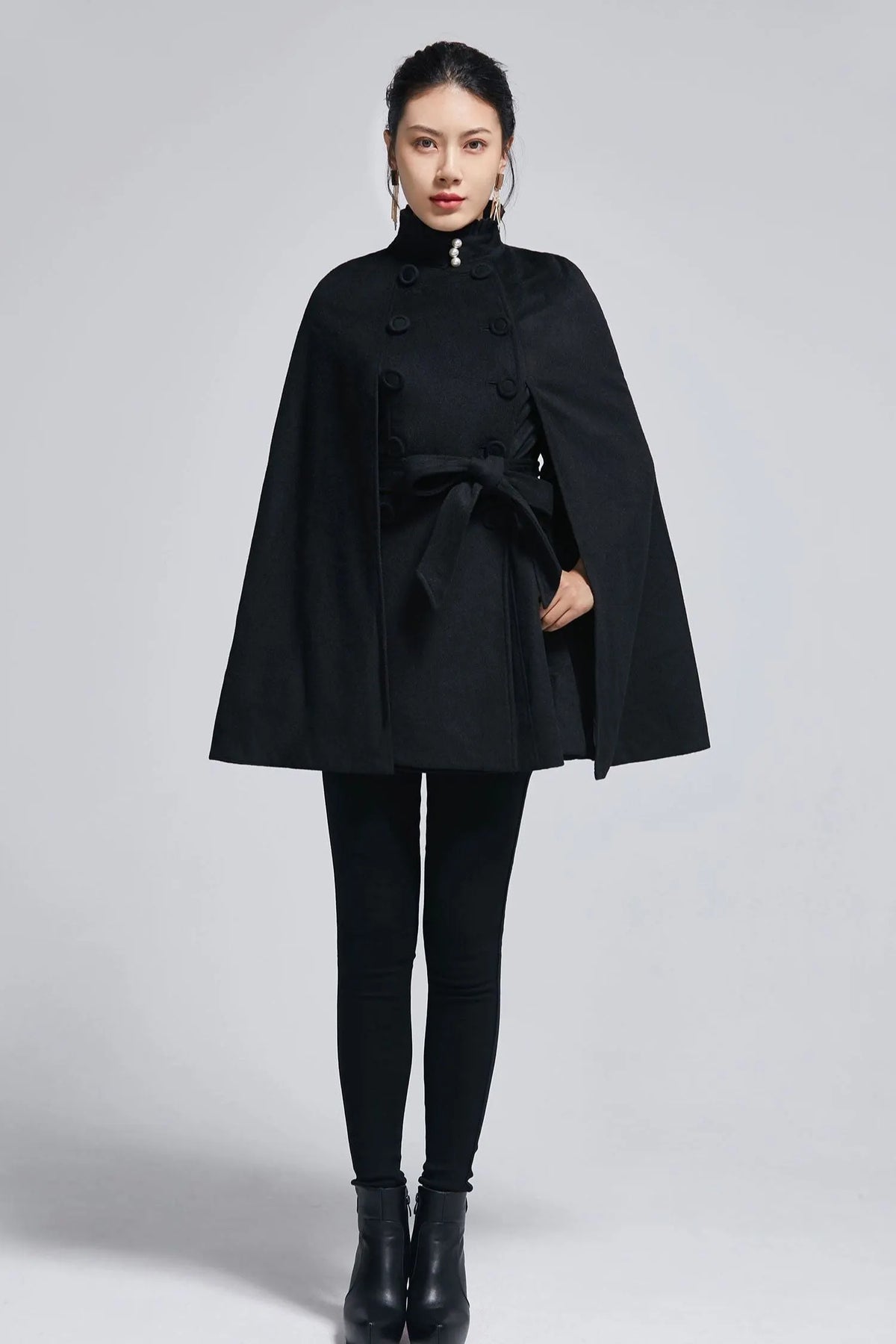 Black Wool Cape Coat - Stand Collar with Ruffle Accents 2278