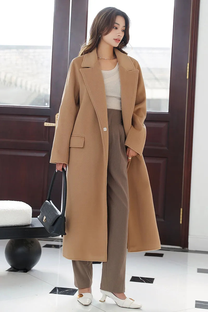 Camel Wool Coat Maxi - Long Belted Elegant Winter Overcoat 4017