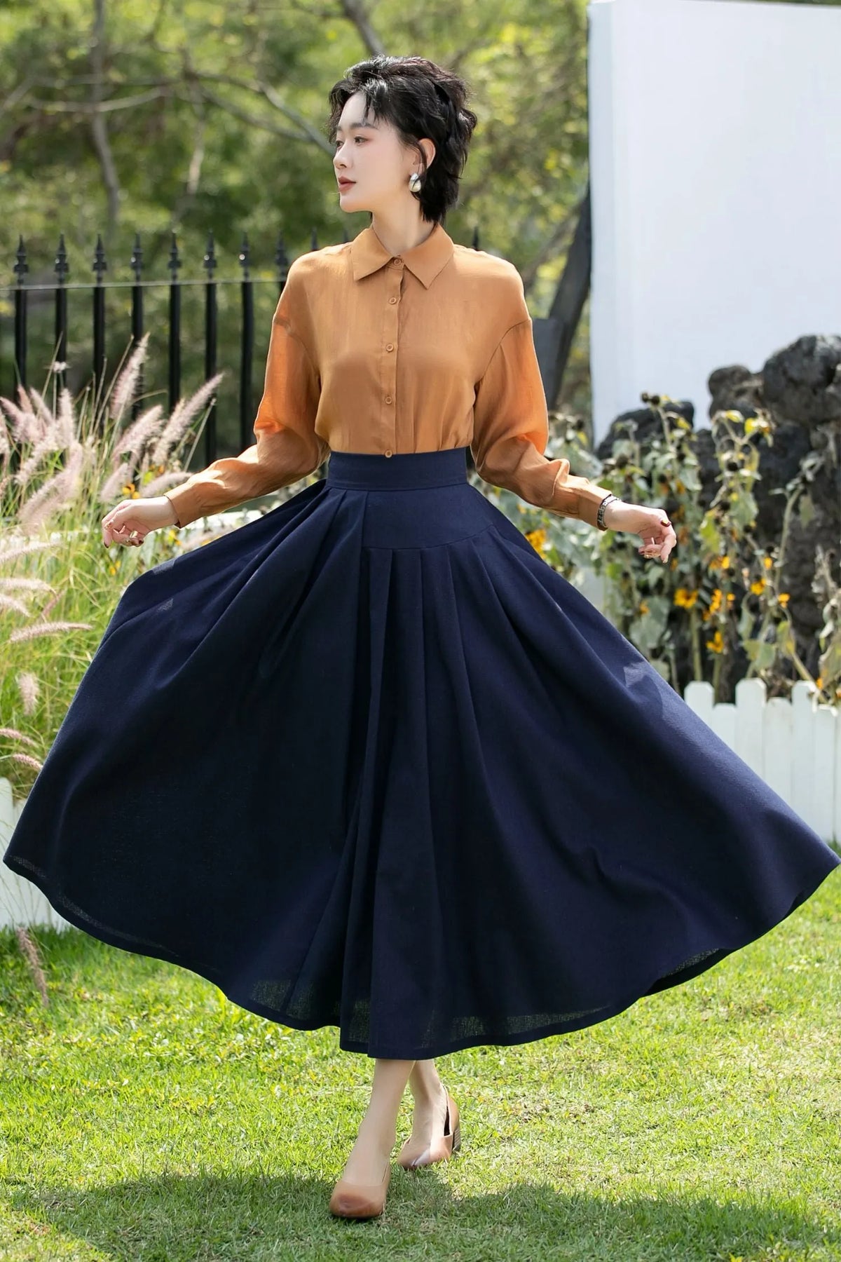 Deep Navy Linen Cotton Midi Skirt High Waist 