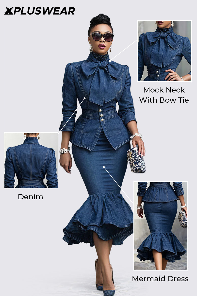 Elegant Denim 2-Piece Set with Bow Neck Jacket and Mermaid Skirt for Formal & Smart Occasions