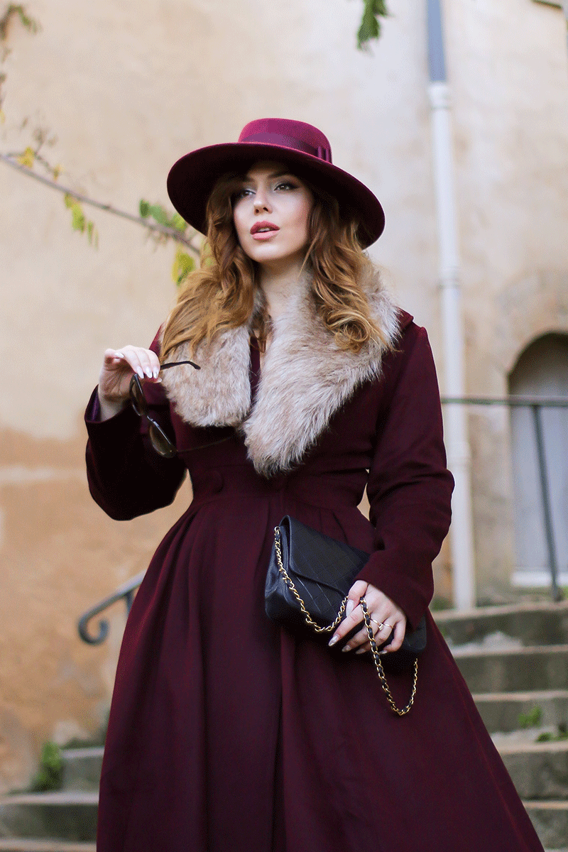 Vintage Princess Wool Coat – Elegant Burgundy Fit & Flare Maxi Coat 