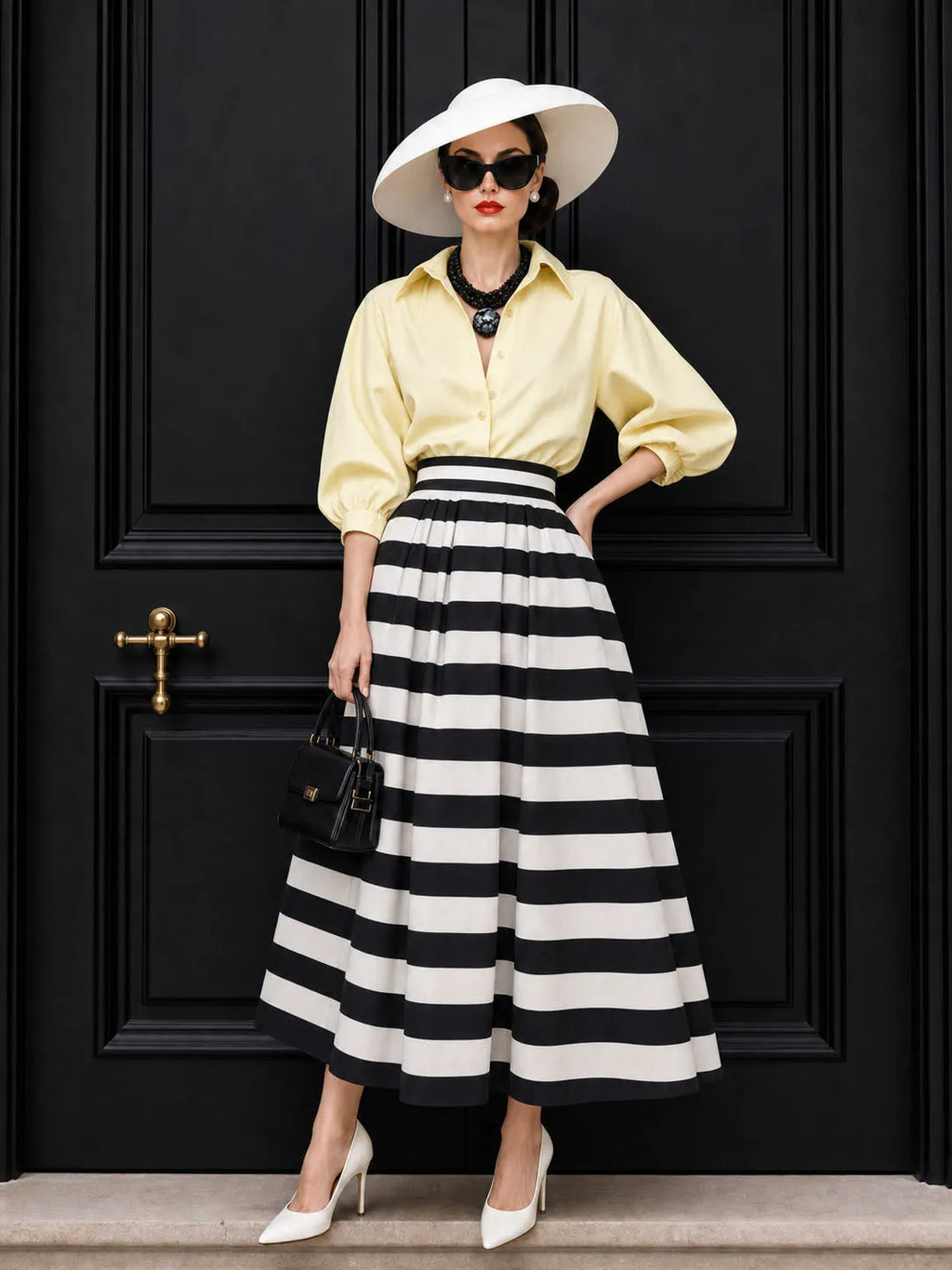 Vintage Thick Stripe High Waist Pleated Maxi Skirt