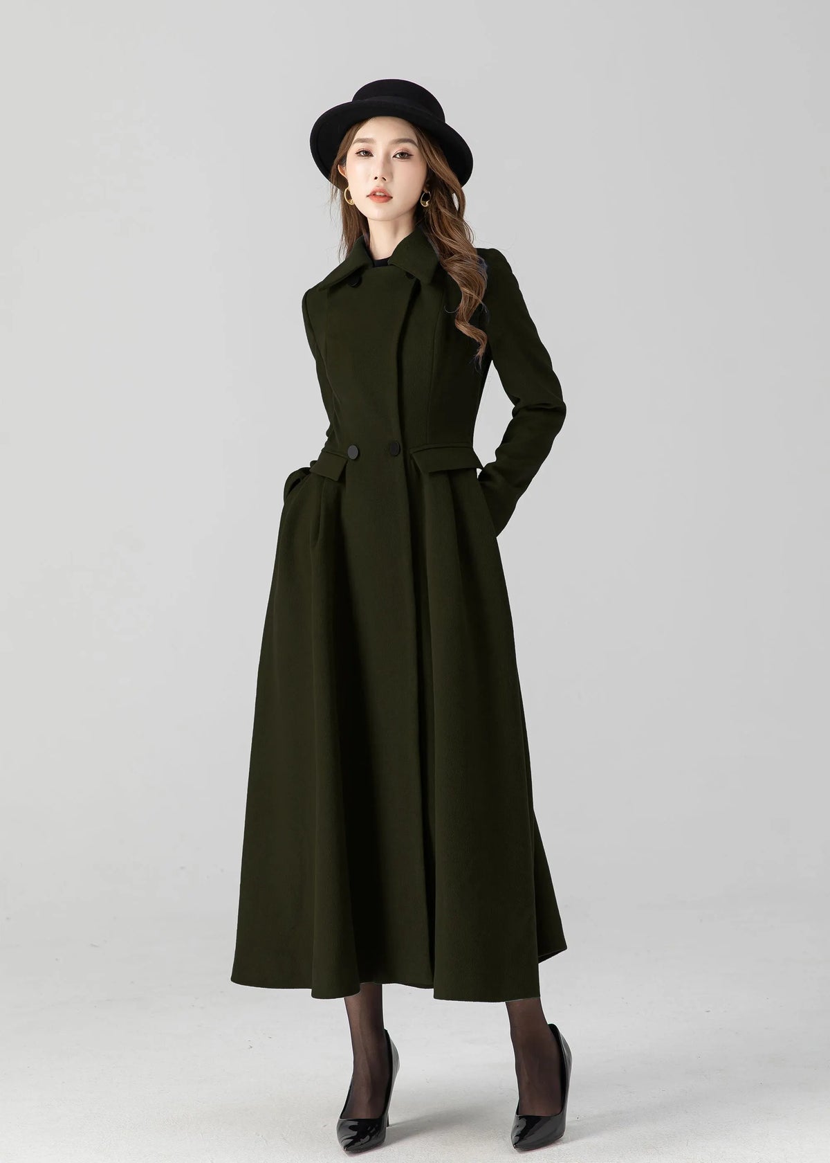 Army Green Wool Long Coat - Vintage Inspired A-Line Swing 5505