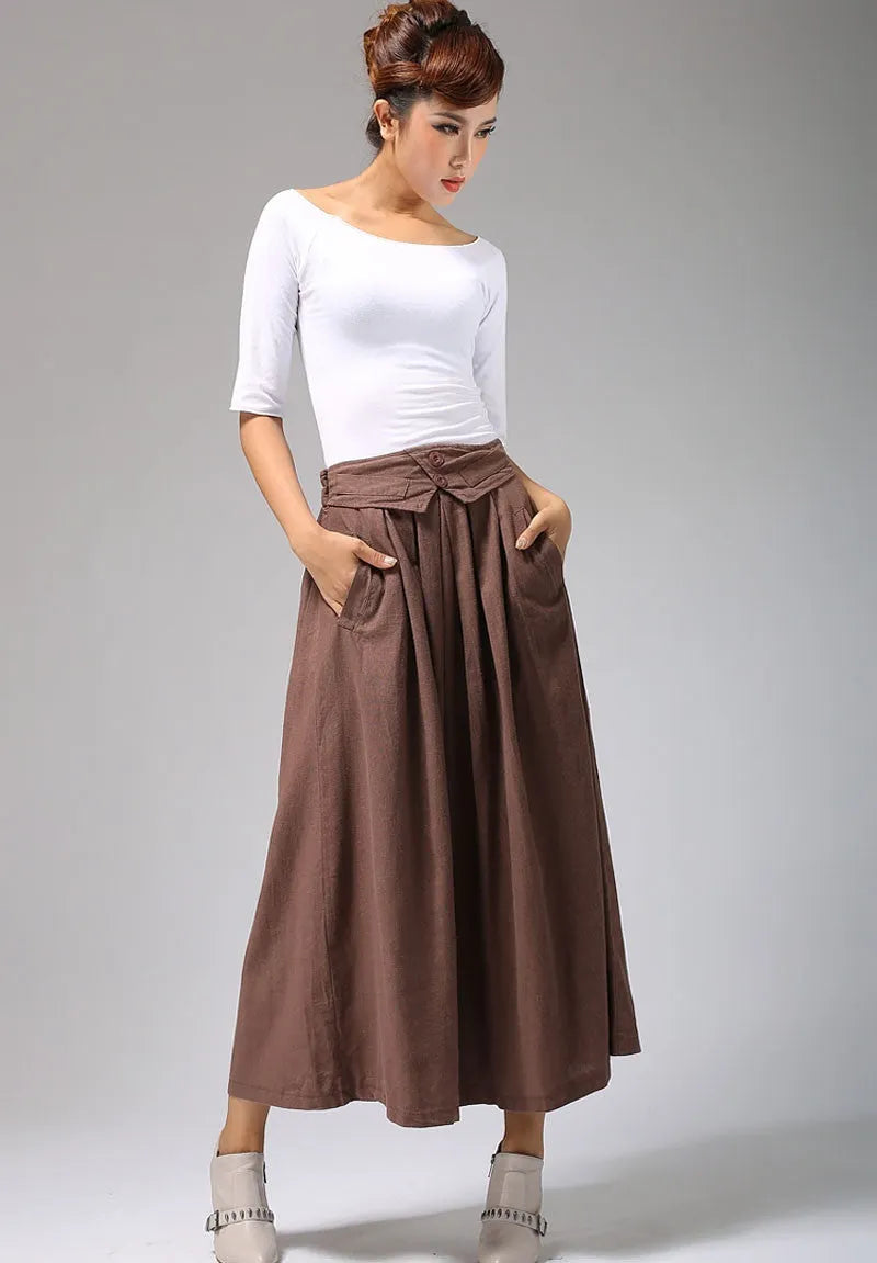 Women’s Brown Linen-Cotton Maxi Skirt – Elastic Waist Long Pleated Skirt 