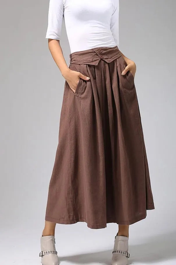 Women’s Brown Linen-Cotton Maxi Skirt – Elastic Waist Long Pleated Skirt 