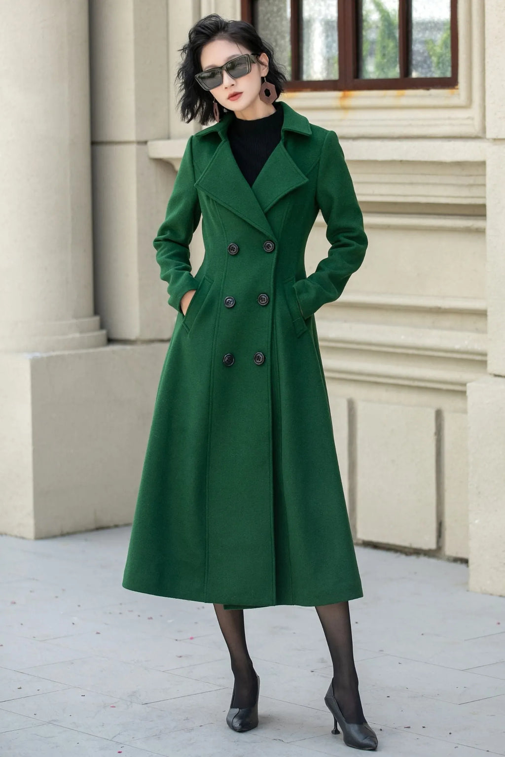 Green Wool Midi Coat - Double Breasted Tailored Fit 5349
