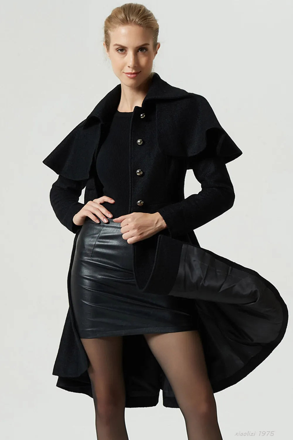 Black Wool Blend Cape Coat – Handmade Vintage High-Low Winter Elegance 1975