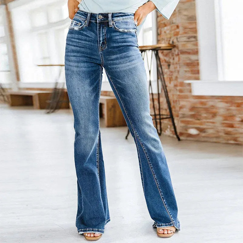Patchwork Flared Vintage High Stretch Casual High Denim Jean