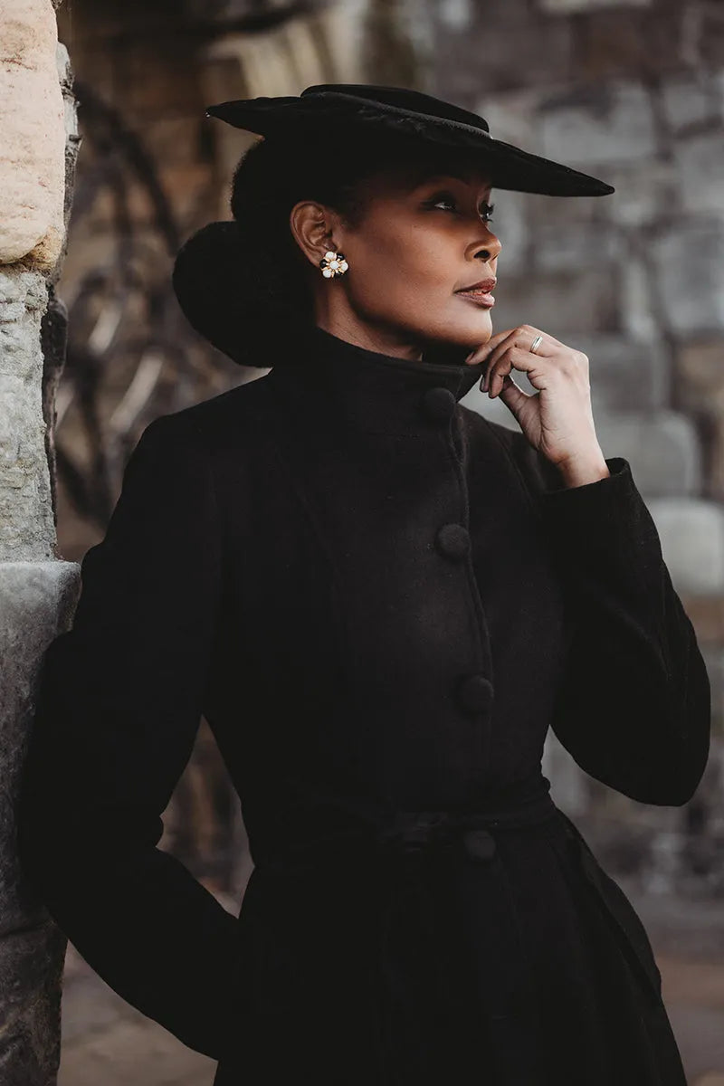 Handmade Black Wool Coat – Long Single-Breasted High-Collar Winter Overcoat for Women 