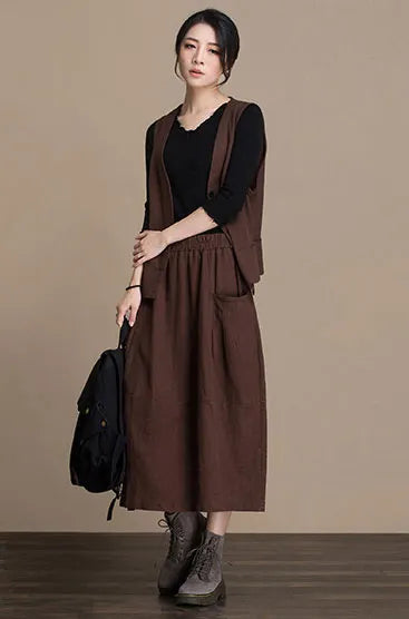 Navy Cotton and Linen Midi Skirt - Lantern Silhouette with Elastic Waist J084-2