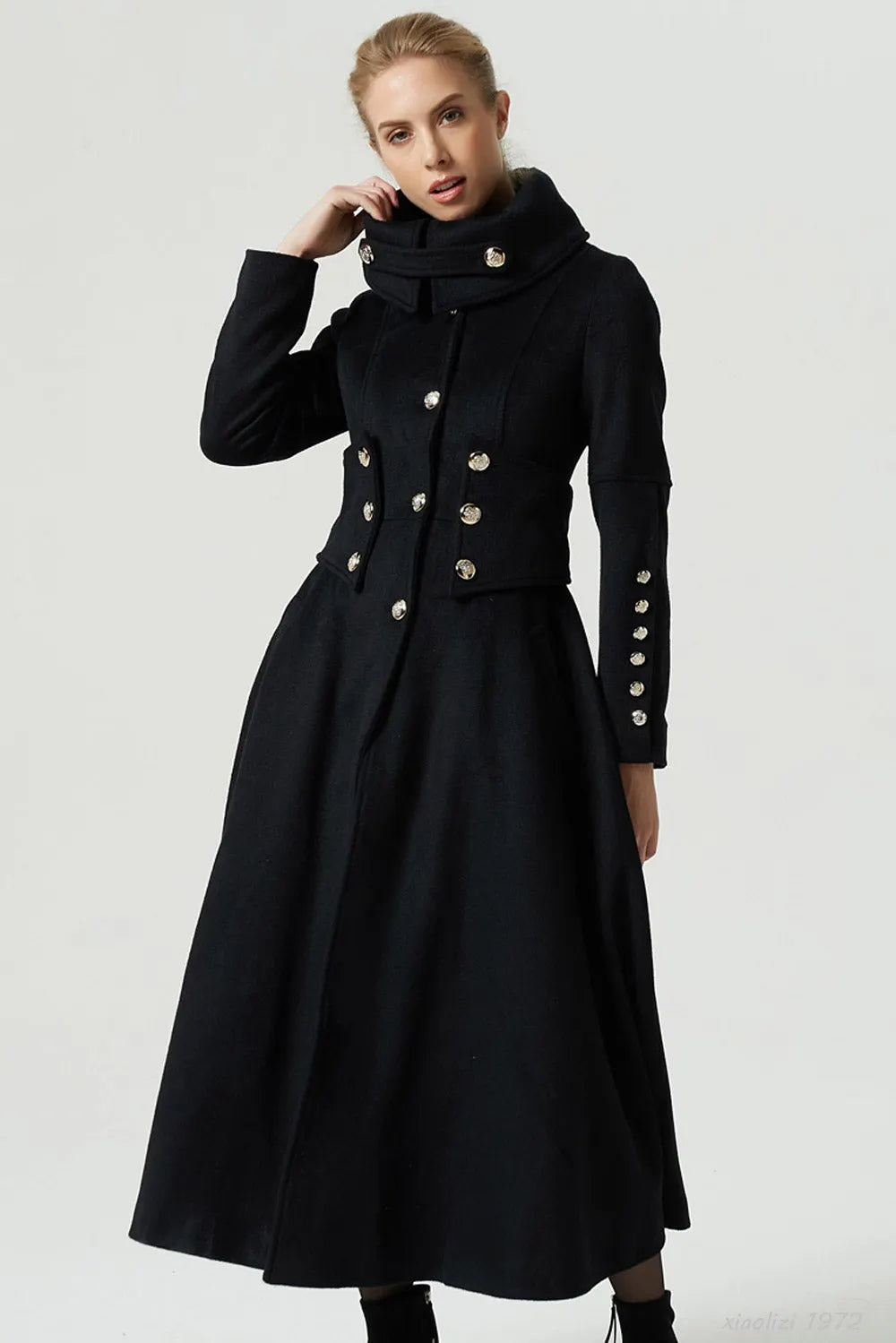 Black Wool Military Long Coat - Oversized Collar with Silver Buttons 1972