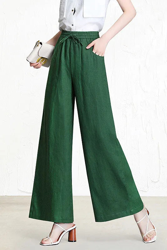 White Linen Wide Leg Pants - Elastic Waist with Front Pockets 3518